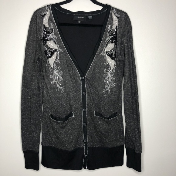 Miss Me Women's Large Gray Sequin Detail Long Sleeve Cardigan Sweater - Picture 1 of 4